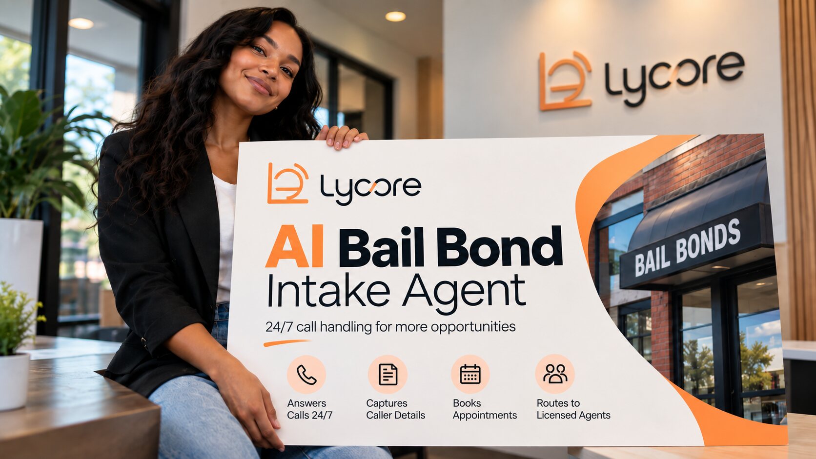 A LYCORE team member holding a sign that reads: LYCORE, AI Bail Bond Intake Agent. 24/7 call handling for more opportunities. Answers calls, captures caller details, books appointments, routes to licensed agents.